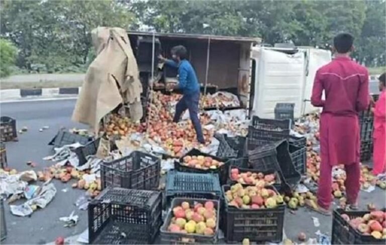 नेशनल हाईवे पर पलटी सेबों से भरी गाड़ी